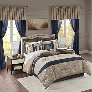 Madison Park Essentials All Season Luxe beddengoed, lakens, decoratieve kussens en gordijnen, Valance, Polyester, Navy 24pcs, King