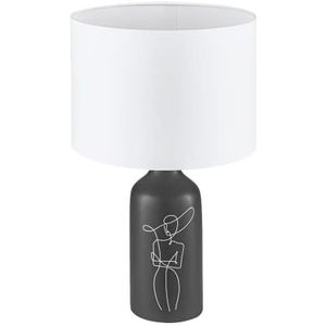 EGLO Tafellamp Vinoza, nachtlampje met stoffen lampenkap, nachtlamp van zwart keramiek met motief en wit textiel, decoratieve tafel lamp voor woonkamer en slaapkamer, E27 fitting