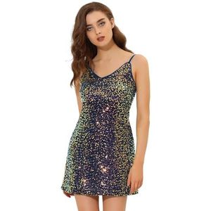 Allegra K Glitter paillettenjurk voor dames, spaghettibandjes, V-hals, feest, cocktail, sprankelende mini-jurk, clubwear, Blauw, L