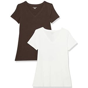 Amazon Essentials Women's T-shirt met korte mouwen en V-hals in klassieke pasvorm, Pack of 2, Espresso/Wit, S