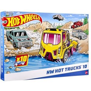 Hot Wheels Trucks Set van 10, 10 speelgoed trekkers, pick-ups, bouwvoertuigen, grote vrachtwagens en aanhangers, moderne en retromodellen, cadeau voor kinderen HMK46