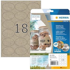 HERMA 10763 universele etiketten, ovaal, 20 vellen, 63,5 x 42,3 mm, 18 stuks per A4-vel, 360 stickers, zelfklevend, bedrukbaar, mat, blanco zelfklevende etiketten van silphiepapier, natuurbruin