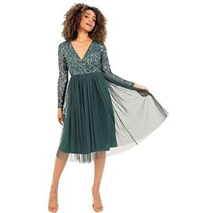 Maya Deluxe Elegante midi-jurk voor dames, bruiloft, mouwen, diepe V-hals, pailletten, cocktailjurk, eindejaarsbal, bruidsmeisjesjurk, bruidsmeisjejurk, emerald green, 56 NL