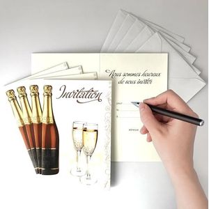Set van 5 kaarten ""uitnodiging"" champagne + 5 witte enveloppen 9 x 14 cm – tekst Wij zijn blij om je uit te nodigen om... vieren, vieren, trinqueren, geluksbellen delen, verjaardag – IV5031