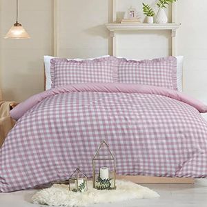 Sleepdown Gingham Check Blush Roze Plain Omgekeerd Zacht Gemakkelijk Onderhoud Dekbedovertrek Quilt Beddengoed Set Met Ruche Rand Kussenslopen - King (230cm x 220cm)