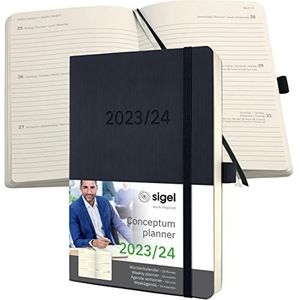 SIGEL C2406 weekkalender 2023/2024, ca. A5, zwart, softcover, 256 pagina's, elastiek, penlus, archieftas, PEFC-gecertificeerd, 18 maanden kalender, conceptum