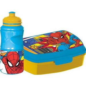 Marvel Drinkfles, 380 ml en blauwe sandwichbox voor kinderen, van Spiderman kunststof, met antislipband en veiligheidssluiting