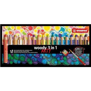 Kleurpotlood, aquarelpotlood en waskrijt in één- STABILO woody 3 in 1 - ARTY - 18 stuks met puntenslijper en penseel - met 18 verschillende kleuren