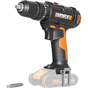 Worx WX370.9 Accu-slagboorschroevendraaier, 20 V - 50 Nm, 2 versnellingen en LED-licht, voor schroeven, boren en klopboren, 20 draaimomentstanden + boorstand + slagfunctie,13 mm,zwart/oranje