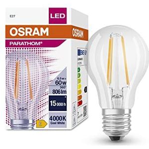 OSRAM LED-lampen met E27-fitting, klassieke zuigervorm, helder filament, energiebesparend, 60 W vervanging, koud wit, levensduur (15.000 H) | PARATHOM CLASSIC A 60 6.5 W/4000 K E27