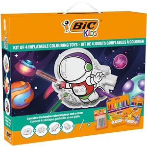 BIC Opblaasbare speelgoedset voor kinderen, met ruimtedesigns om in te kleuren, 12 Evolution potloden, 12 kleurpotloden, 6 glitterlijm, 4 opblaasbare speelgoed om in te kleuren, set van 34