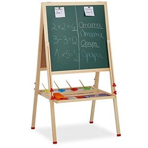 Relaxdays schoolbord kinderen, hoogte verstelbaar & magnetisch, hout, whiteboard & krijtbord, 122-160x65x69 cm, natuur