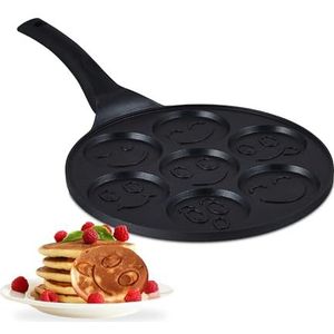 Relaxdays pancake pan met gezichtjes, 7 holtes, Ø 8 cm elk, geschikt voor inductie, aluminium, pannenkoekenpan, zwart