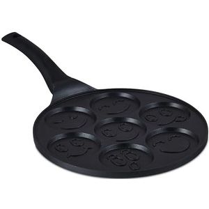 Relaxdays pancake pan met gezichtjes, 7 holtes, Ø 8 cm elk, geschikt voor inductie, aluminium, pannenkoekenpan, zwart