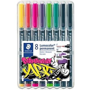 Staedtler Lumocolor permanente markers, diverse kleuren en lijnbreedtes, waterdicht op bijna alle oppervlakken, droogt in seconden, 8 markers in een staande doos, 31-S WP8