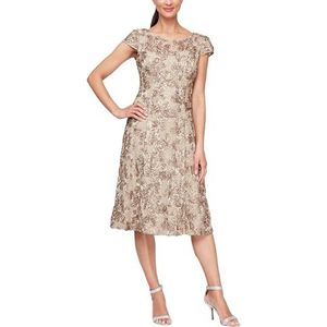 Alex Evenings Women's Tea Length Cap Sleeve Rosette Dress (Petite and Regular), New Champagne, 16