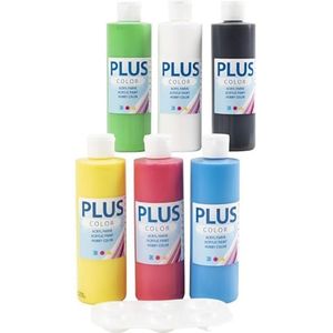 Plus Color Acrylverf Set, Craft Paint - Primaire kleuren, Rood, Groen, Blauw, Geel, Zwart, Wit - 6 Flessen van 250 ml Elk