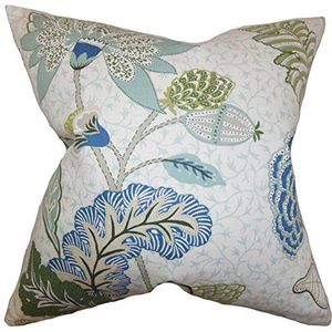 The Pillow Collection Ahna kussensloop met bloemen, katoen, aqua blauw, 9065 x 9065 x 3169 cm