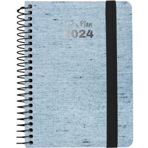 Grafoplás Agenda 2024 met weekoverzicht, A6, blauwe eco-jeans, Spaans, spiraalbinding, 10,5 x 14,9 cm, hardcover, gerecycled denim, met elastische sluiting, perfect voor de planning van je jaar