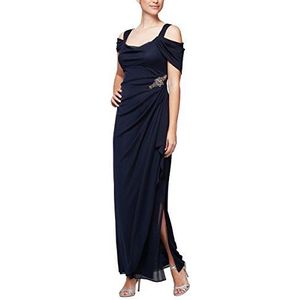 Alex Evenings Women's Long Cold Shoulder Dress, Mother of The Bride, Formal Events (Petite and Regular Sizes), Beaded Navy, 14