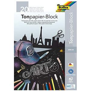 folia Gekleurd papierblok, zwart tekenpapier, DIN A4, 20 vellen 130 g/m², blok met koplijm, ideaal voor lichte kleuren zoals krijt, speksteen