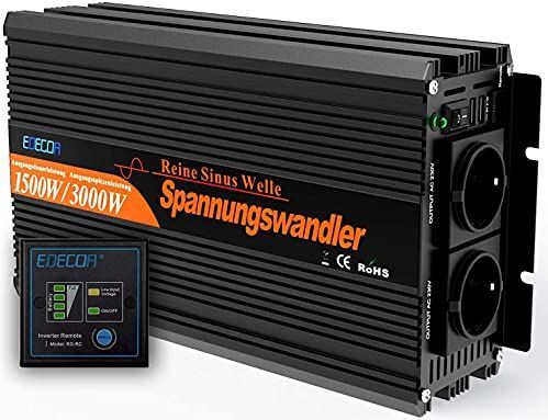 EDECOA Omvormer Zuivere Sinus 1500W 3000W Omvormer voor Buiten Auto 12 V 230 V Spanningsomvormer Inverter Pure Sine Wave met Afstandsbediening 2 EU Stopcontact 2 USB Poort
