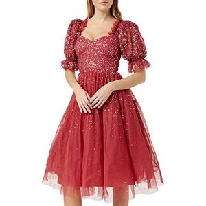 Maya Deluxe Vrouwen Dames Jurk Midi Pailletten Verfrilly Sweetheart Hals Gepofte Mouwen voor Bruiloft Gast Prom Avond, Vermillion, 10, Vermiljoen, 36