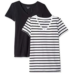Amazon Essentials Women's T-shirt met korte mouwen en V-hals in klassieke pasvorm, Pack of 2, Wit Streep/Zwart, S