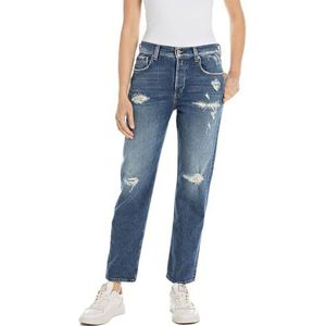 Replay Dames Straight Fit High Waist Jeans Maijke Straight Broken Edge Collection, 009, medium blue., 27W x 28L