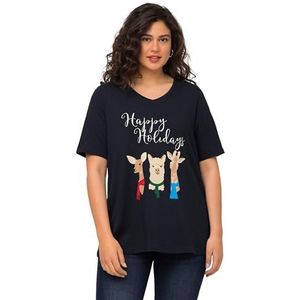 Ulla Popken - T-shirt - Navy Blauw - V-hals - Kerstdieren
