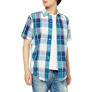 Amazon Essentials Men's Poplin overhemd met normale pasvorm en korte mouwen, Blauwgroen Wit Grote ruiten, XS