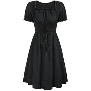 SCARLET DARKNESS Gothic jurk voor dames, korte mouwen, vierkante hals met riem, middeleeuwse jurk met ruches, zwart, XL