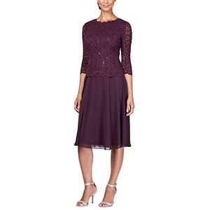 Alex Evenings Women's Tea Length Embroidered Bodice Mother of The Bride Gown, Wedding Guest Dress (Petite and Regular Sizes), Deep Plum, 16