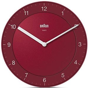 Braun Klassieke analoge wandklok rustig quartz uurwerk, gemakkelijk leesbare wijzerplaat met 20 cm diameter in rood, model BC06R.