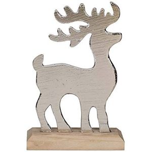 Out of the blue, Zilverkleurig rendier op houten voet, prachtig contrast van zilver en hout, materiaal: polyhars, hout, kerstdecoratie met stijl of mooi cadeau.