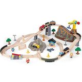 KidKraft 17805 Bucket Top houten bouwplaats- en treinbaanset voor kinderen, inclusief spoorweg met hijskraan en accessoires (61 onderdelen)