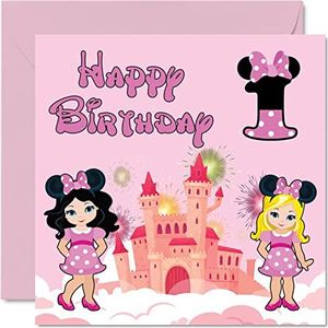 1e verjaardagskaart meisje - Fantasy Castle Mouse - Happy Birthday-kaart 1 jaar oud meisje, meisjesverjaardagskaarten voor haar, 145 mm x 145 mm wenskaart voor dochter, nichtje, kleindochter, zus, God