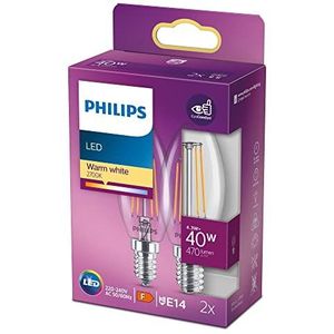 Philips LED-kaarslamp 2-pack - Warmwit licht - E14 - 40 W - Transparant - Energiezuinige LED-verlichting - Filamentlamp