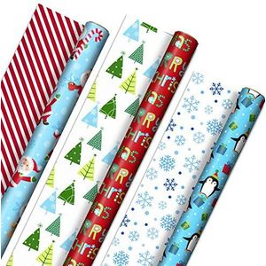 Hallmark Schattig omkeerbaar kerstinpakpapier voor kinderen (3 rollen): 120 m². ttl) pinguïns, kerstman, bomen, strepen, sneeuwvlokken,""Vrolijk Kerstmis