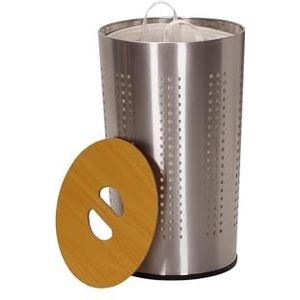 Household Essentials 7081-1 Ronde metalen wasmand - Verwijderbare voeringzak en houten deksel - Roestvrij staal