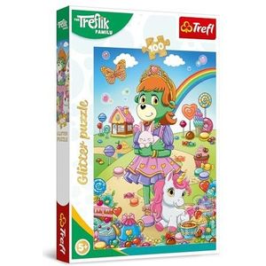 Trefl - Glitter puzzel: The Treflik Family, Glitter Trefliki - Glitterpuzzel met 100 stukjes - Glanzende puzzel met de helden uit de cartoon, Creatieve ontspanning, Plezier voor kinderen vanaf 5 jaar