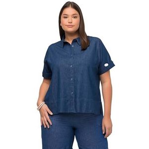 Ulla Popken, Dames, grote maten, nep-tencel shirt blouse, Denim Blauw, 46/48 NL