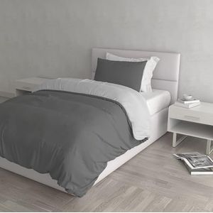 Italian Bed Linen Natuurlijke kleur Dekbedovertrek Set met Doubleface Effen Kleur Tas Sheet en Kussensloop, 100% Katoen, Donkergrijs/Lichtgrijs, kleine dubbele
