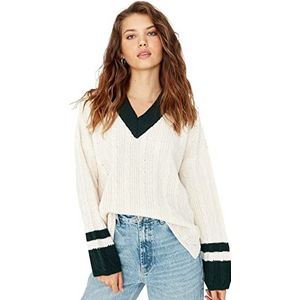 Trendyol Dames V-hals Colorblock Oversize Sweater Sweater Ecru, L, Ecru, L