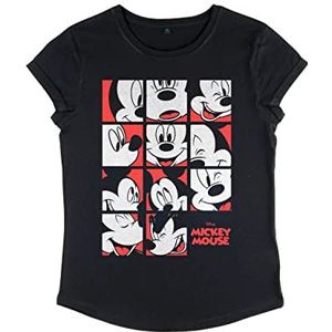 Disney Classics Women's Classic-Mickey Mouse Expression Grid Organic Roll Sleeve T-Shirt, Zwart, M, zwart, M