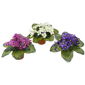 Flair Flower Kunstbloemen, viooltjes in pot, bloemen, alpenbloem, kunstbloem, zijdebloem, kamerplant, set van 3, wit, lavendel, violet, 16 x 16 x 15 cm, 3