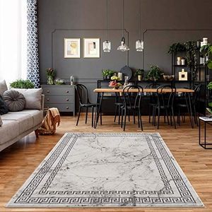 carpet city Tapijtloper woonkamer - rand, steenoptiek 80x300 cm grijs - moderne tapijten laagpolig