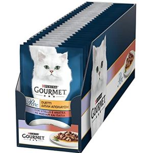 Purina Gourmet Parelduetten met vlees, natvoer voor katten met kalf en eend, 26 zakken à 85 g