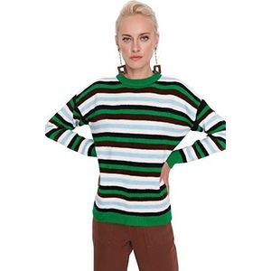 Trendyol Dames ronde hals gestreepte oversized sweater sweatshirt, smaragdgroen, L, Emerald Groen, L