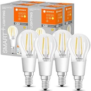 LEDVANCE Slimme LED-lamp met Wifi, E14-basis, Dimbaar, Warm wit (2700K), Druppelvorm, Heldere gloeidraad, Vervanging voor conventionele 75W gloeilampen, Bedienbaar met Alexa, Google & App, 4-pak